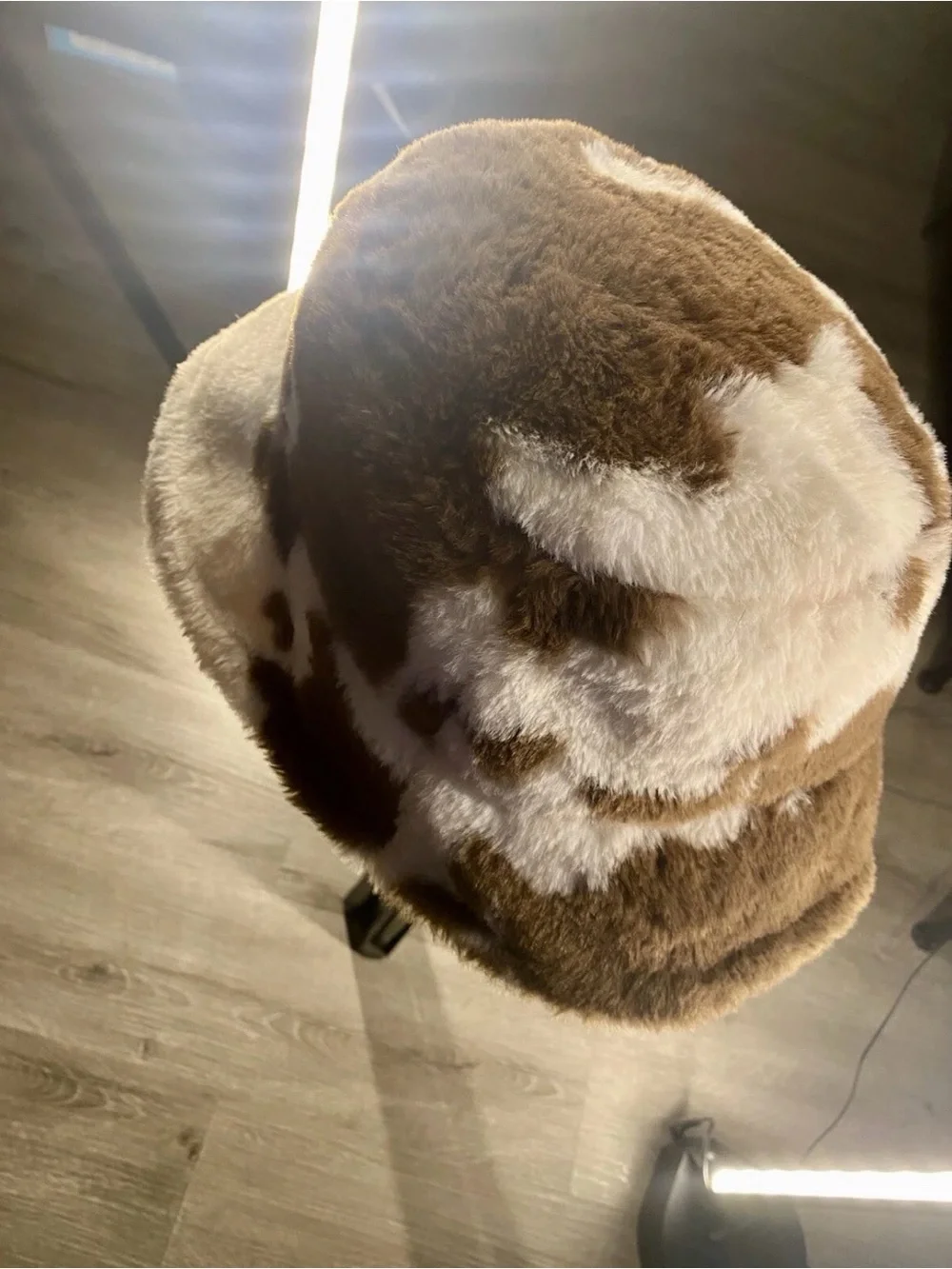 Vintage Brown & Cream Faux Fur Cow Print Bucket Hat